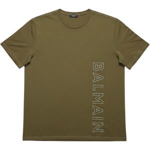 Balmain Paris Mens Vertical Logo T-Shirt Olive Green Short Sleeve Crew Neck L